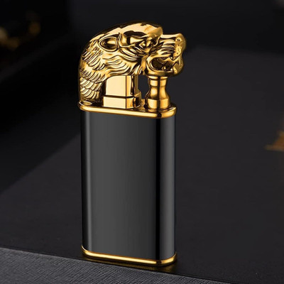STROMBUCKS Tiger Head Gold Brushed Black Dual Flame Solid Cigar, Cigarette Candle refillable Pocket Gas Lighter | Metal Body | Windproof & Jet Flame Pocket Lighter(Business Black)