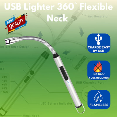 Clairbell Electric USB Lighter Rechargeable Windproof USB Lighter 360° Flexible NeckMU389 Pocket Lighter(Silver)