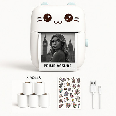 Prime Assure Mini Printer with 5 Rolls and Stickers, Mini Portable Inkless Pocket Printer for Notes Receipt Banner Label & Photo Thermal Receipt Printer