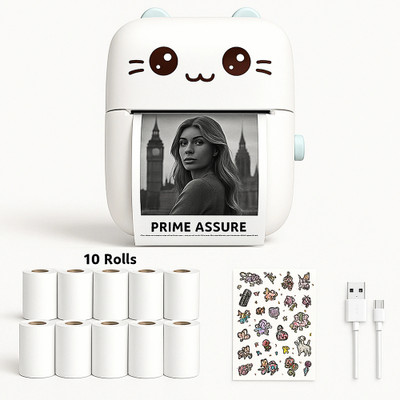 Prime Assure Mini Printer with 10 Rolls and Stickers, Mini Portable Inkless Pocket Printer for Notes, Banner, Receipt, Label & Photo Thermal Receipt Printer