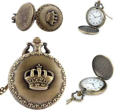 GT Gala Time Analog White Dial King Crown Embossing Metal Keychain Chrome plated Zinc Alloy Pocket Watch Chain