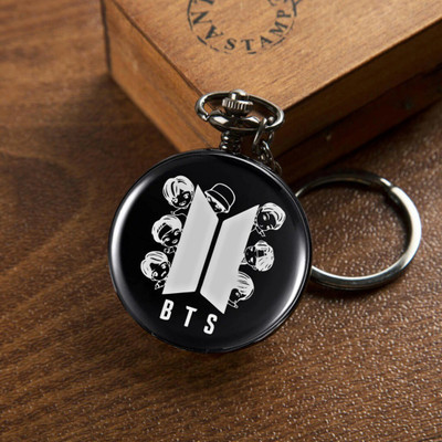 GT Gala Time New Trending Famous BTS Army Theme Designer Gandhi Style Round Dial Pocket watch BTS Army Pocket Watch Key Chain with Key Ring Bike Key Chain Gift for Men Woman Black Metal Pocket Watch Chain