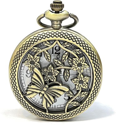 Mubco Antique Butterfly Flower Design Pocket Watch Keychain Quartz Analog Vintage Collectable BF_01 Gift Bronze Alloy Pocket Watch Chain