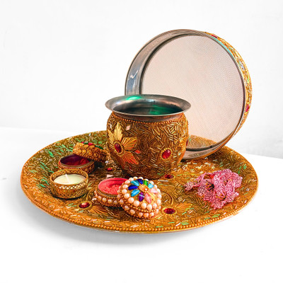 Shri Shri Handicraft Karwa Chauth Pooja Thali Set with Chalni Lota Diya Kumkum and Sindoor Dani Steel, Aluminium(1 Pieces, Gold)