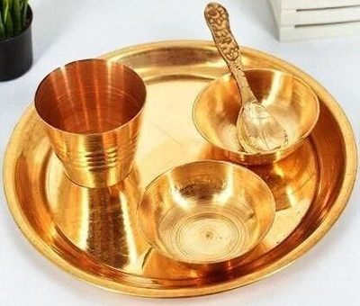 ANI DIVINE Laddu Gopal Thali Set Small Pooja Plate with 2 Katori, Spoon & Glass Brass(1 Pieces, Yellow)