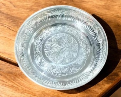 Sigaram German Silver 9 Inch Floral Designed Plate With Stand for Home Pooja Decor K3808 Silver Plated(1 Pieces, Silver)