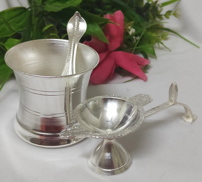 Samukkaras Samukkaras Pure German Silver Panchapatram with Udrani and Arathi Set for Pooja Silver(Silver)
