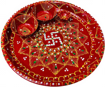 free ways Handcrafted Traditional Pooja Thali Set Stainless Steel(4 Pieces, Red)
