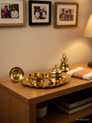 Bekner Traditional Handcrafted Brass Thali kumkum Plate for Pooja/Worship Brass(Gold)