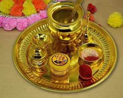 ME&YOU Golden Plated Pooja Thali Set foe Navratras | Diwali Pujan | Durga Pooja | Dhanteras Pooja | Bhaidooj Pooja Gold Plated(Gold)