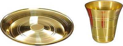 MLE 1 Pcs Small Pooja Thali/Plate & 1 Pcs Glass Set Brass(2 Pieces, Gold)