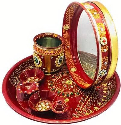 GIFTLOK Stainless Steel Karwa Chauth 7 Pieces Decorative Pooja Thali Set Stainless Steel(7 Pieces, Red, Multicolor)