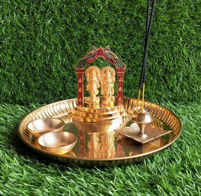 salvusappsolutions Metal Laxmi Ganesh Brass Thali Set with Bowls and Agarbatti Stand (Golden) Brass(1 Pieces, Gold)