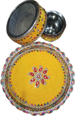 BHHAVYAACREATIONS Karwa Chauth - Yellow Thali - 3 Piece Stainless Steel(3 Pieces, Yellow)