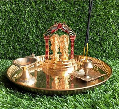 salvusappsolutions Metal Laxmi Ganesh Brass Thali Set with Bowls, Diya, Agarbatti Stand (Golden) Brass(1 Pieces, Gold)