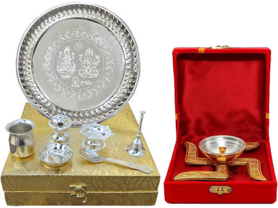 PIRU Silver Plated Puja Thali Set with Swastik Diya for Diwali Pooja & Home Temple Silver Plated, Brass(2 Pieces, Silver, Gold)