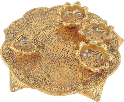 DreamKraft Metal Pooja Thali Set with Diya Puja Thali for Home, Office, Temple, Pooja Room Aluminium(1 Pieces, Gold)