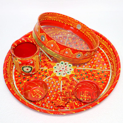 SEANKRAFT Karwa Chauth Pooja Thali Set | Stainless Steel with Lota, Kalash, Diya & Bowls Stainless Steel(5 Pieces, Red)