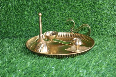 salvusappsolutions Elegant Brass Thali with Om Diya, Agarbatti Stand and Bell (Golden_8 Inch) Brass(1 Pieces, Gold)