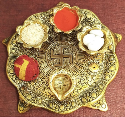 uniquepacks Beautiful Pooja Thali with Diya Set For Diwali, Karwa Chauth Puja Thali Home Aluminium(1 Pieces, Gold)