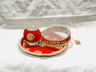 RECR Karwa Chauth Pooja thali Kalash Chalni Chand Pooja Decorated Thali Stainless Steel(1 Pieces, Multicolor)