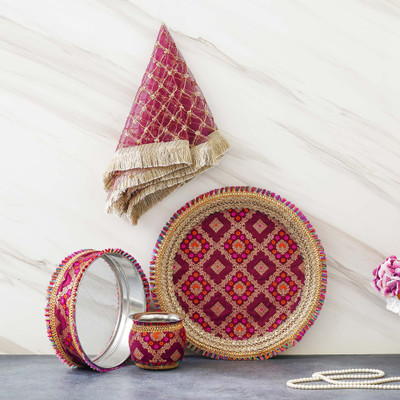 eCraftIndia One Brown Golden Designer Stainless Steel Karwa Chauth Pooja Thali Set Steel(4 Pieces, Pink)