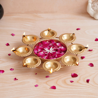 eCraftIndia Golden Handcrafted Designer Urli with 8 Tea Light Candle Holders Iron(Gold)