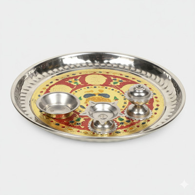 MTRON Pooja Thali With Diya Agarbatti Kumkum Holder Katori | Puja Plate Aarti Thali Stainless Steel(1 Pieces, Silver)