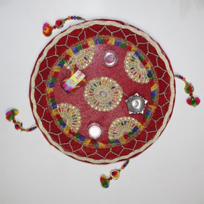 Povij circle embroideri with latkan puja thali Stainless Steel(Multicolor)