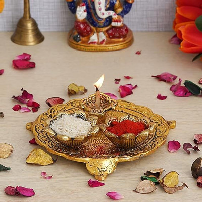 DecorHouse Premium Metal Pooja Thali with Diya and Roli Kumkum katori for Temple Iron(1 Pieces, Gold)