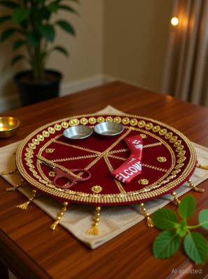 giftsrus Welcome Ribbon Cutting Thali with Tassels-Puja Thali Palette for Wedding Stainless Steel(1 Pieces, Maroon)