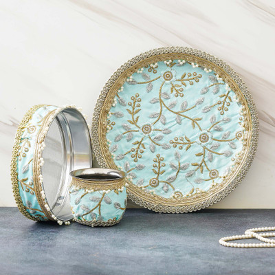 eCraftIndia One Blue Golden Designer Stainless Steel Karwa Chauth Pooja Thali Set Steel(Multicolor)