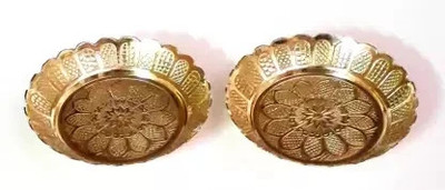 Sikarwar Traders Small Size Brass Plate for Puja with beautiful Flower Embossed Design Brass(2 Pieces, Gold)