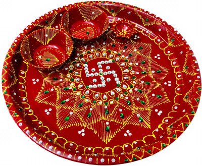 free ways Handcrafted Traditional Pooja Thali Set Stainless Steel(4 Pieces, Red)