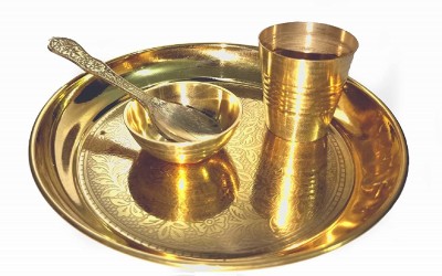 Solino Brass Flower Embossed Design Pooja Thali Set of 4 Brass(4 Pieces, Gold)