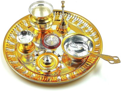 BENGALEN Pooja Thali Set with Coin Ganesh Lakshmi Design Puja Thali Gift Items Gold Plated, Silver Plated(8 Pieces, Gold, Silver)