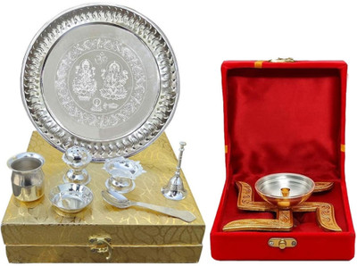 PIRU Silver Swastik Diya with Decorative Puja Thali Set for Diwali & Festivals Silver Plated, Brass(2 Pieces, Silver, Gold)