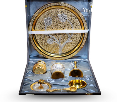 Yashdev Gold & Silver Finish Pooja Thali Set with Velvet Box – 7 Pieces Silver Plated(1 Pieces, Silver, Gold)