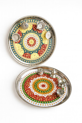 BLAL Pooja Thali (pooja plate, katori, agarbatti stand, diya, dhoop batti) Stainless Steel(1 Pieces, Red)