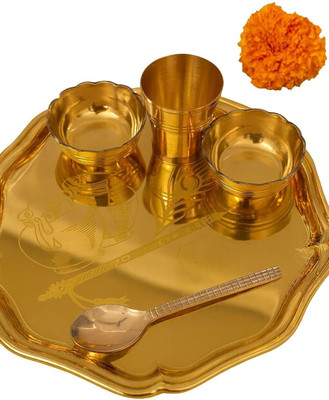 metals & beyond Brass Bhog Thali Set (Medium) | Traditional Pooja Thali Brass(1 Pieces, Gold)