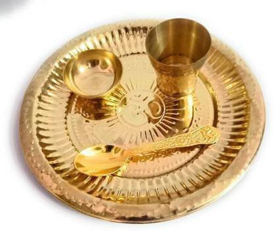 DARIDRA BHANJAN Pooja thali with Brass Katori, Brass Spoon, Brass Glass / Laddu Gopal bhog Thali / Pital Thali / Brass pooja Thali Brass(4 Pieces, Gold)