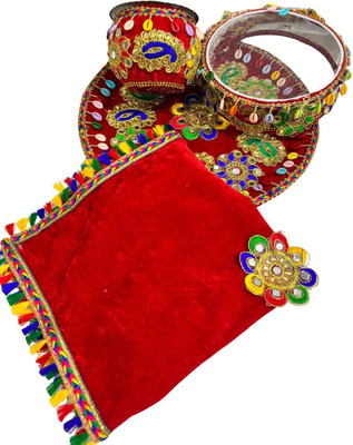 BELLE & BASKET Karwa Chauth Thali Set – Red Color Bridal Karwachauth Thali Steel(4 Pieces, Red)