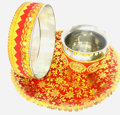 AR Tapes & Plastics AR Karwachauth Thali Set with Karwa Channi, Lota | Pooja Thali Set| Stainless Steel(1 Pieces, Red)