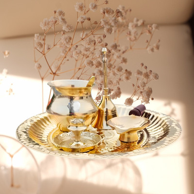 DARIDRA BHANJAN Complete Brass Pooja Thali | Lota, Bell, Diya & Agarbatti Stand Brass(1 Pieces, Gold)