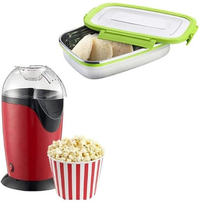Rhobos Combo C1298 Hot Air Popcorn Maker & Lunch Box 1 L Popcorn Maker(Red)