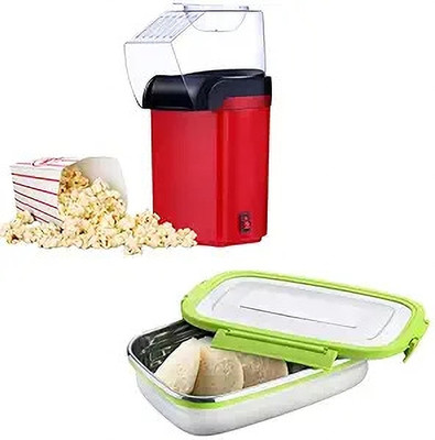 Lipzie Combo C1107 Instant Popcorn Machine & Lunch Box & Vacuum Insulated 1.2 L Popcorn Maker(Multicolor)