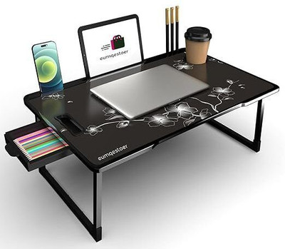 MITHILA Multipurpose Folding Laptop Desk for Bed & Sofa with Drawer and Tablet Holder Wood Portable Laptop Table(Finish Color - US COTTED BLACKFLOWER-U76, Pre Assembled)