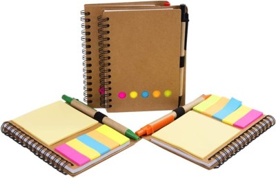 FRKB Ruled Spiral Notebook With Stickynotes Kraft Paper Cover Notepad With Pen 4 Pc 50 Sheets Sticky Notes Diary Style, 1 Colors(Set Of 4, Beige)