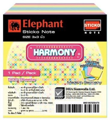 ELEPHANT Sticky Note STD 3X3 Harmony Self-Stick Notes 500 Sheets Regular, 5 Colors(Set Of 1, MULTICOLOUR MADE IN THAILAND)