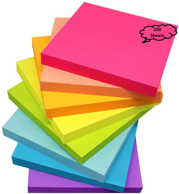Nutshell Vibrant Colors Fluorescent Paper 200 Sheets 3 x 3 Inch Sticky Notes Self Adhesive Post It, 5 Colors(Set Of 1, Multicolor)